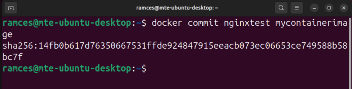 A terminal showing the output of the docker commit command creating a new image from the currently running one.
