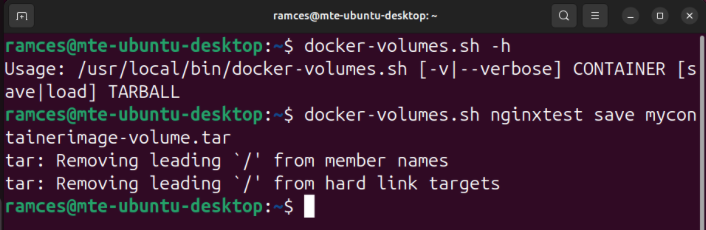 A terminal showing the process of backing up any associated data volumes for a Docker container.
