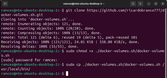 A terminal showing the process of obtaining and installing the Docker Volume script for backing up data associated with containers.