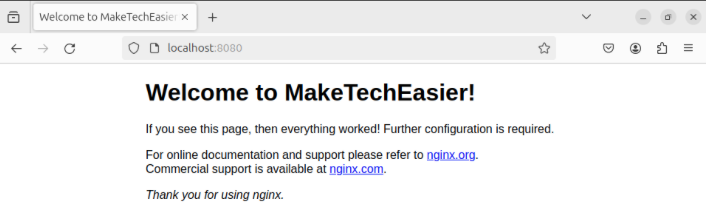 A screenshot showing the imported Nginx Docker container working properly on its new machine host.