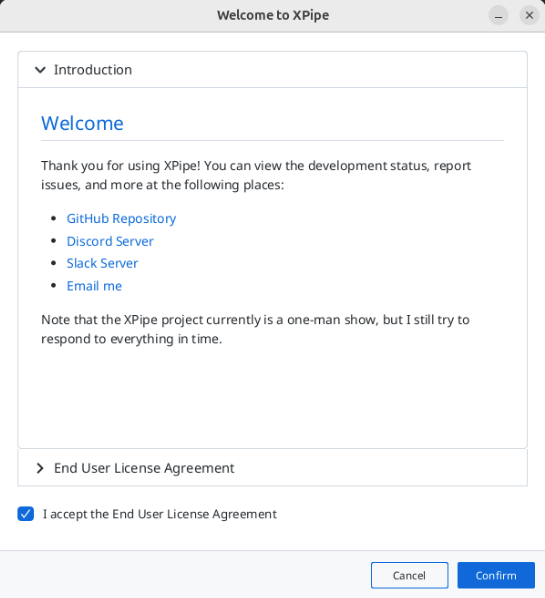 A screenshot showing the End User License Agreement screen for XPipe.