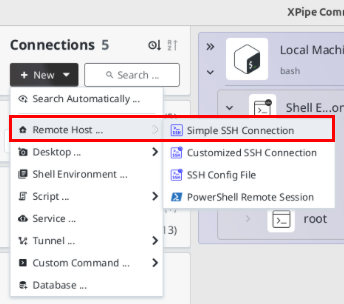 A screenshot highlighting the location of the basic SSH connection in XPipe.