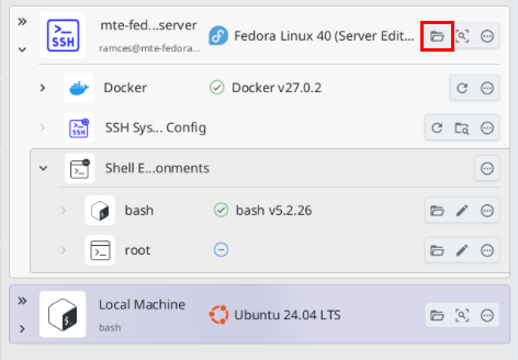 A screenshot highlighting the Folder icon on the main remote server entry.