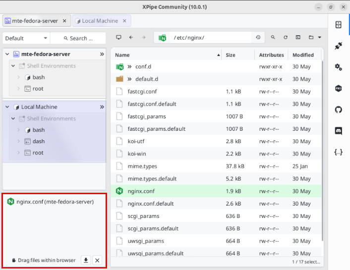 A screenshot highlighting the location of the "drag zone" for transferring files between hosts.