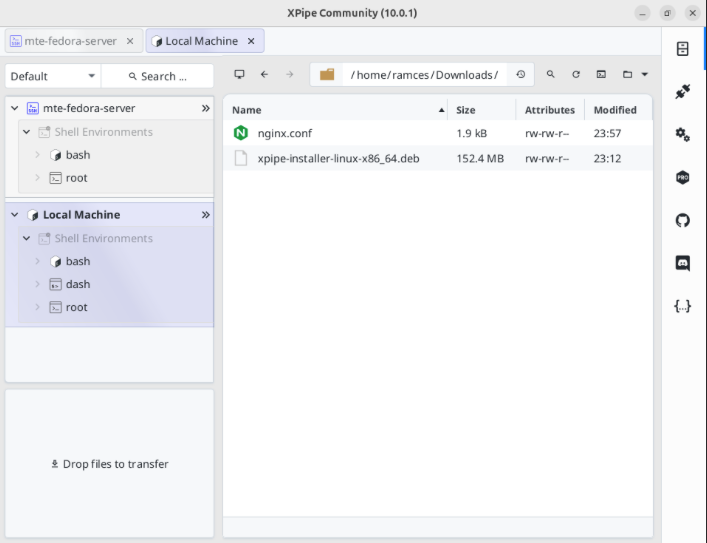 A screenshot showing the "nginx.conf" file in the local machine's Downloads directory.