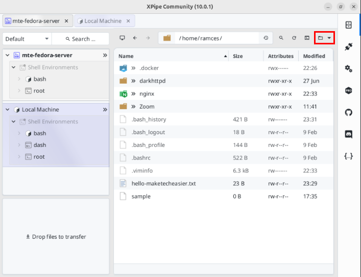 A screenshot highlighting the location of the file menu for the current directory.