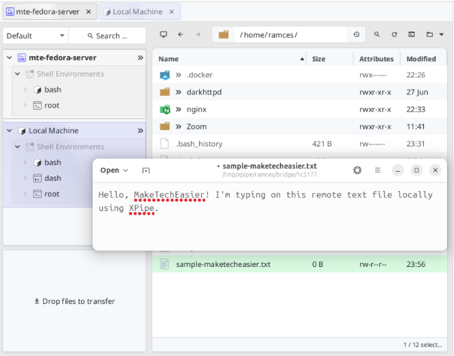 A screenshot showing the newly created remote file being edited locally through XPipe.