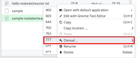 A screenshot highlighting the location of the "chmod" context menu item.