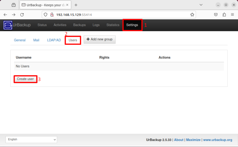 In the web interface, go to Settings > Users and click on the Create User option.