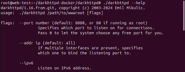 A terminal showing the help output of darkhttpd.