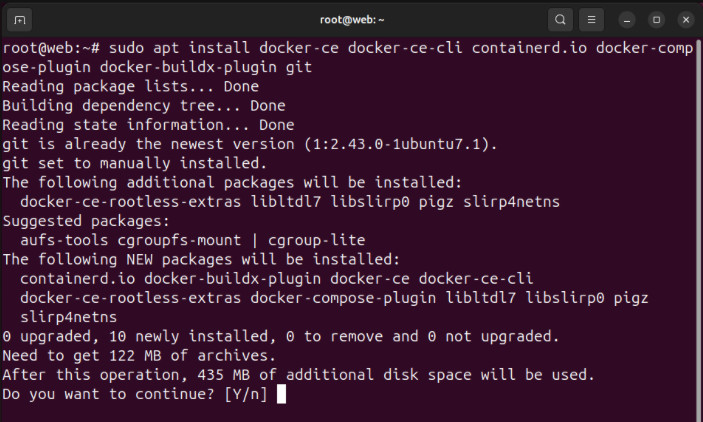 A terminal showing the installation process for Docker, its plugins, and Git.