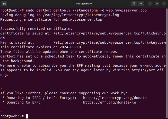 A terminal showing the SSL certificate generation process in LetsEncrypt.