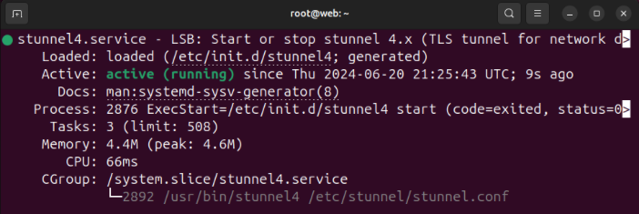 A terminal showing the current status of the stunnel service in the system.