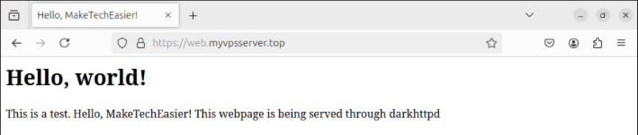 A screenshot showing the sample website running on darkhttpd with SSL.
