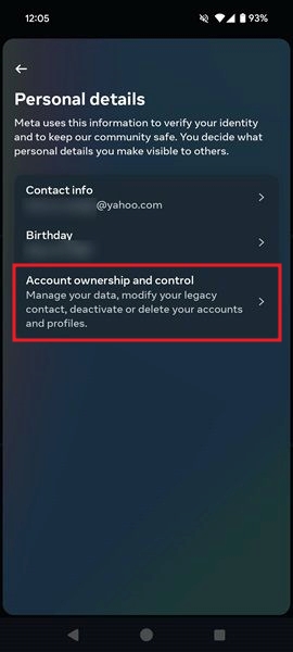 Selecting "Account ownership and control" option in Instagram mobile app.