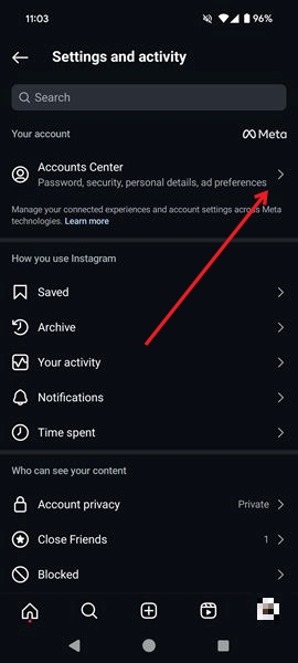 Selecting "Accounts Center" option in Instagram Settings in mobile app. 