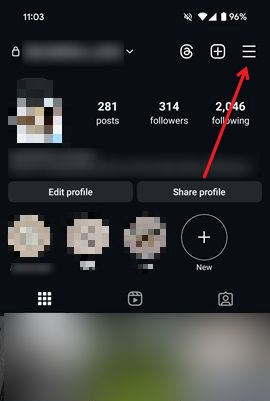 Tapping on hamburger menu on Instagram profile on mobile. 