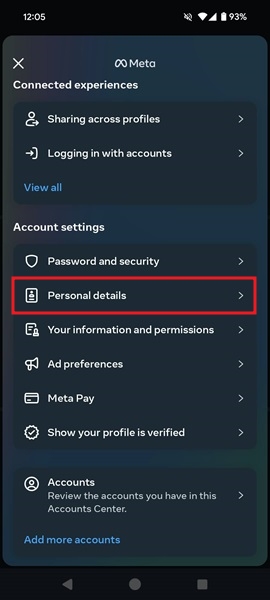 Tapping on "Personal details" option in Instagram mobile app.