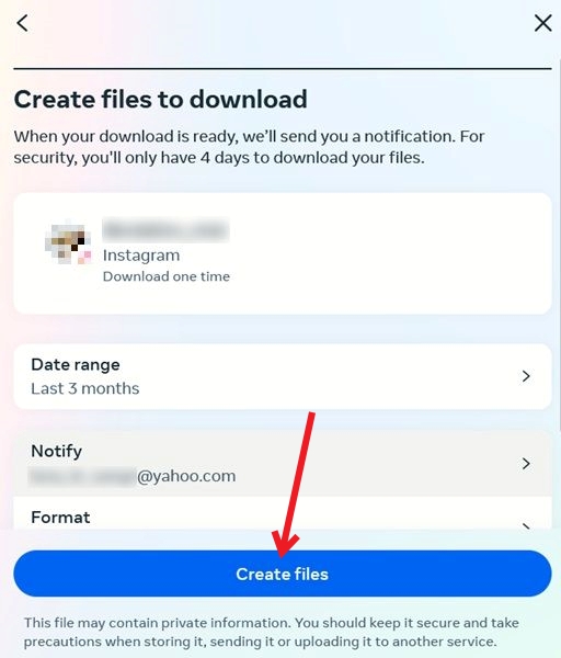 Pressing "Create files" button in Instagram on PC.