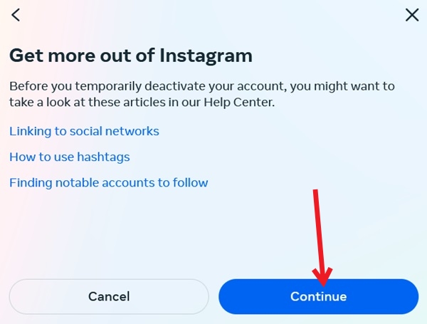 Pressing Continue on "Ger more out of Instagram" pop-up in Instagram on PC.