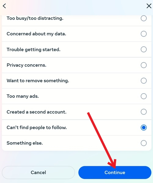 Selecting reason for deactivation in Instagram on PC.