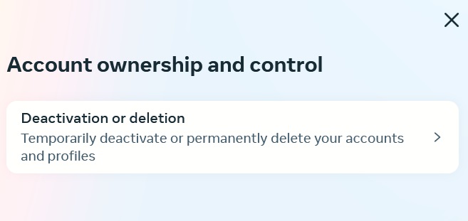 Selecting "Deactivation or deletion" option in Instagram on PC.