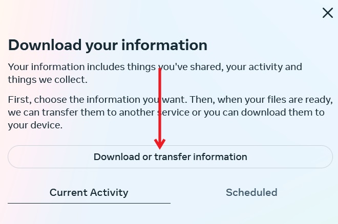 Clicking "Download or transfer information" button in Instagram on PC.
