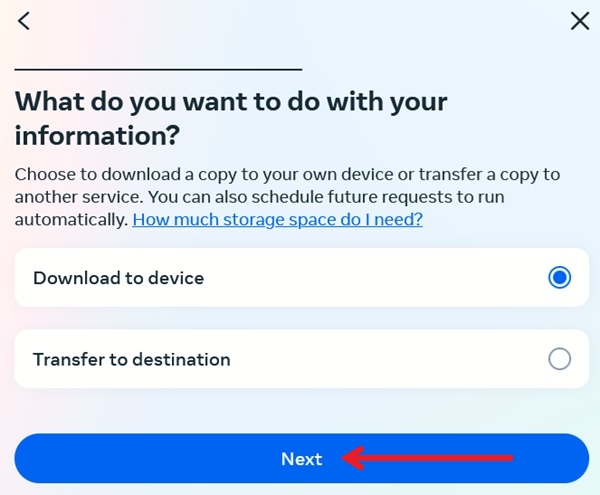 Selecting what to do with data in Instagram on PC.