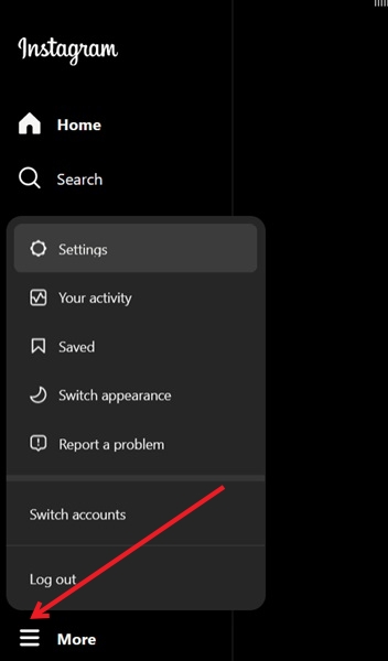 Tapping on the More button in Instagram for PC.