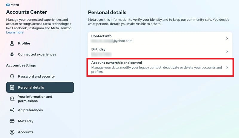 Pressing on "Account ownership and control" option in Instagram on PC.