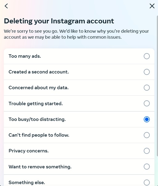 Selecting reason for deleting Instagram account in Instagram on PC.