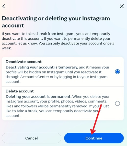 Selecting whether to deactivate or delete Instagram account in Instagram on PC.