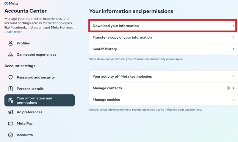 Selecting "Download your information" in Accounts Center on Instagram on PC.