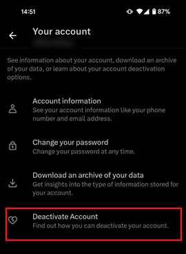 Tapping "Deactivate Account" option in Twitter app.