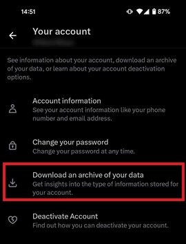 Selecting the "Download an archive of your data" option in Twitter app. 