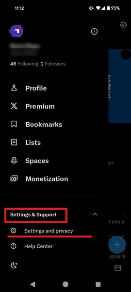 Pressing on "Settings and privacy" option in Twitter app. 
