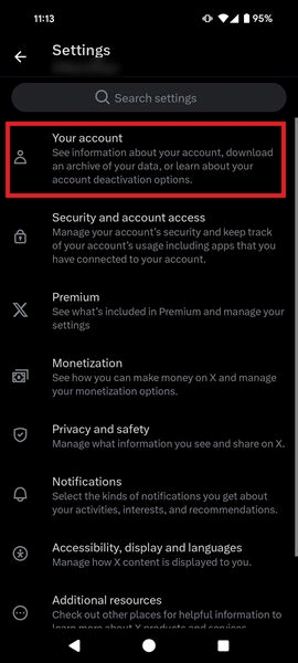 Tapping on "Your account" option in Twitter app Settings. 