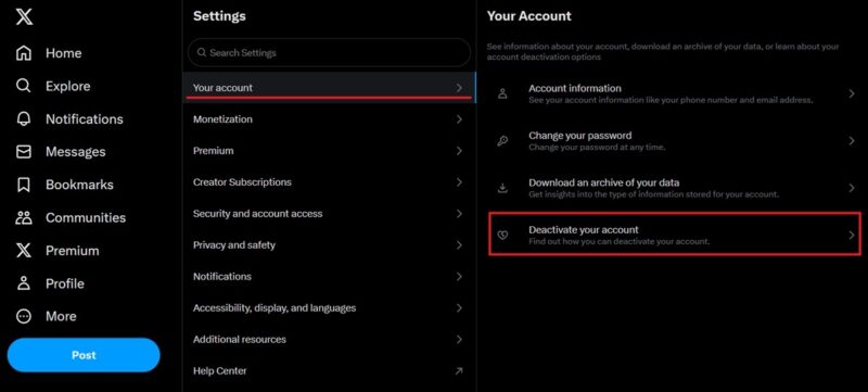 Clicking on "Deactivate your account" option in Twitter for PC.