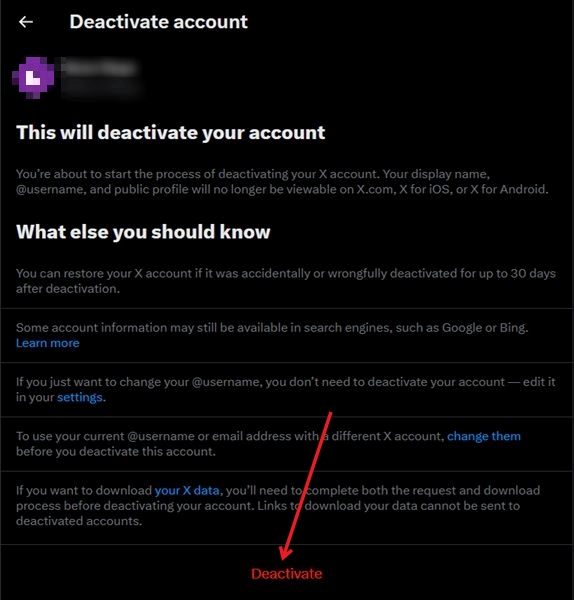 Clicking on "Deactivate" button in Twitter on PC.