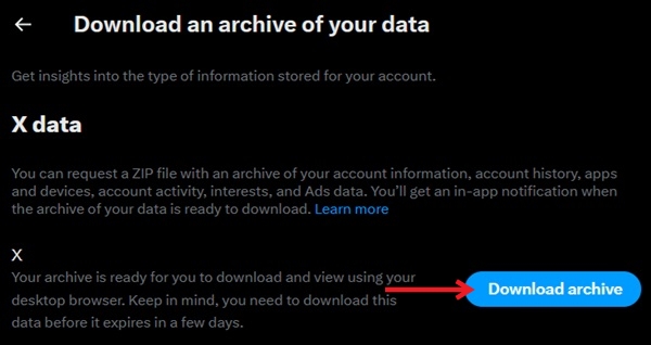 Pressing "Download archive" button in Twitter on PC.