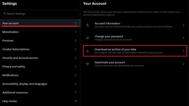 Clicking on "Download an archive of your data" option in Twitter on PC.