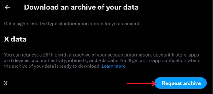 Pressing on "Request archive" button in Twitter on PC.