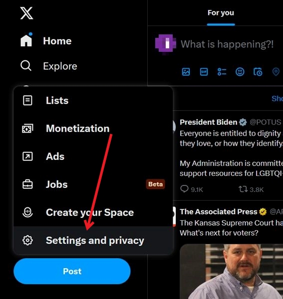 Clicking on "Settings and privacy" option in Twitter on PC.