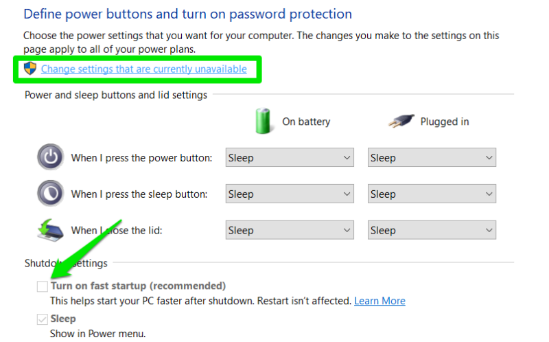 Disable Fast Startup
