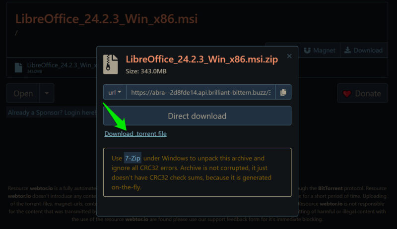 webtor.io - download Torrent file with a magnet link