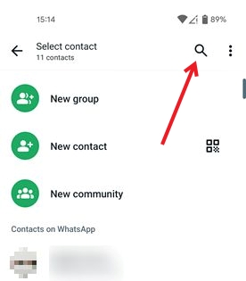Tapping on magnifying glass icon to start searching WhatsApp contacts.