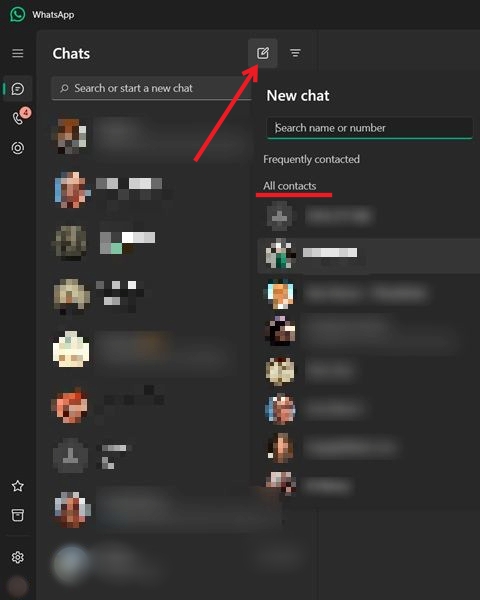 Checking contact list in WhatsApp on PC. 
