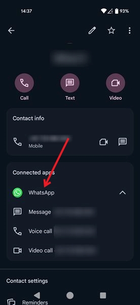 Tapping on WhatsApp icon on contact page in Phone app on Android. 