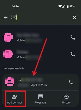 Tapping on "Add contact" button for phone number that is not in your contacts in Phone app on Android.
