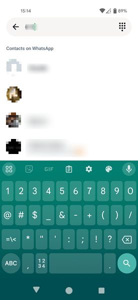 Searching contacts using number on WhatsApp for Android.